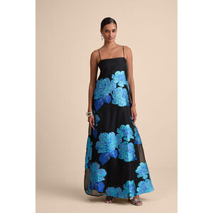 Lulus Yavanna Black And Blue Floral Jacquard Shift Maxi Dress - Size M